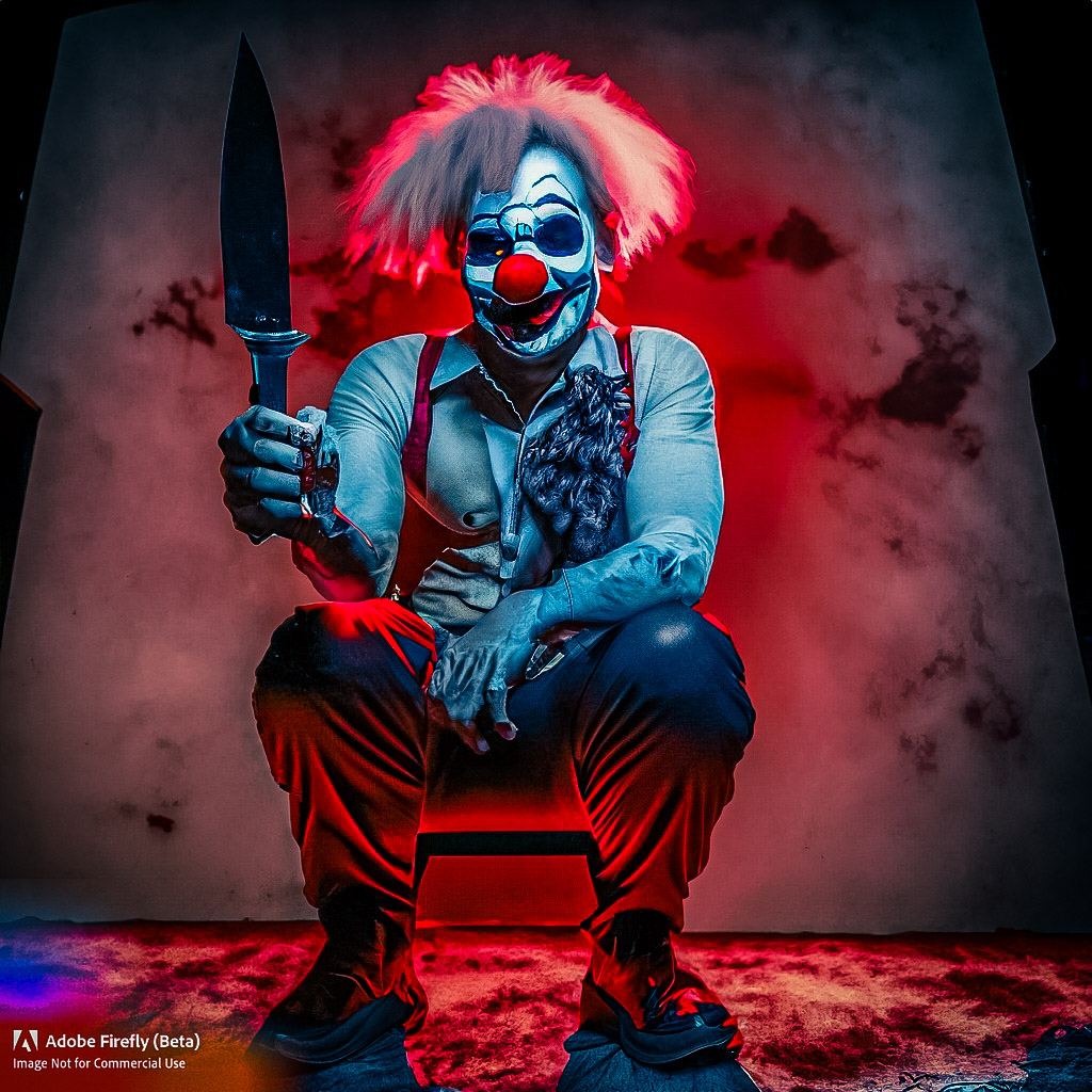 Firefly_Full+body Clown sitting in a dark tomb red backlight holding a knife creepy smile_photo_4880.jpg