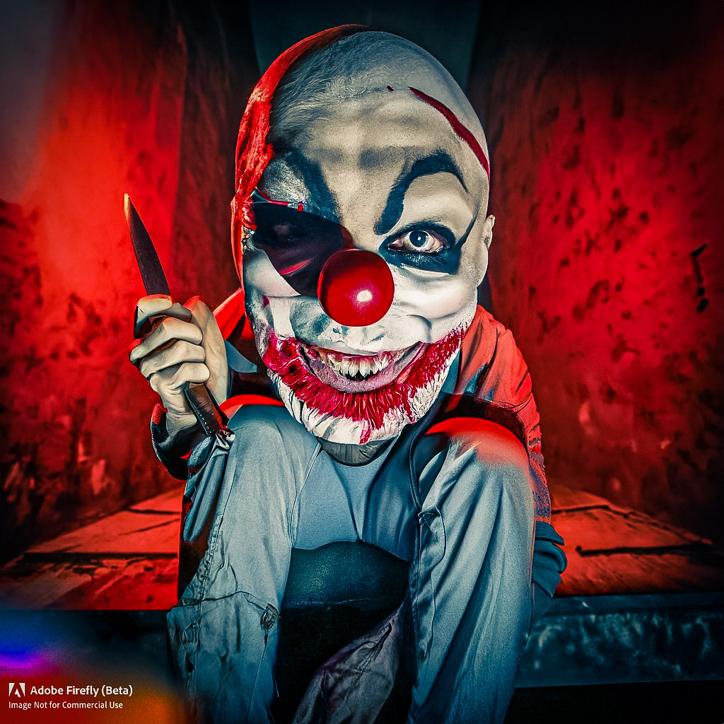 Firefly_Full+body Clown sitting in a dark tomb red backlight holding a knife creepy smile wide angle.jpg