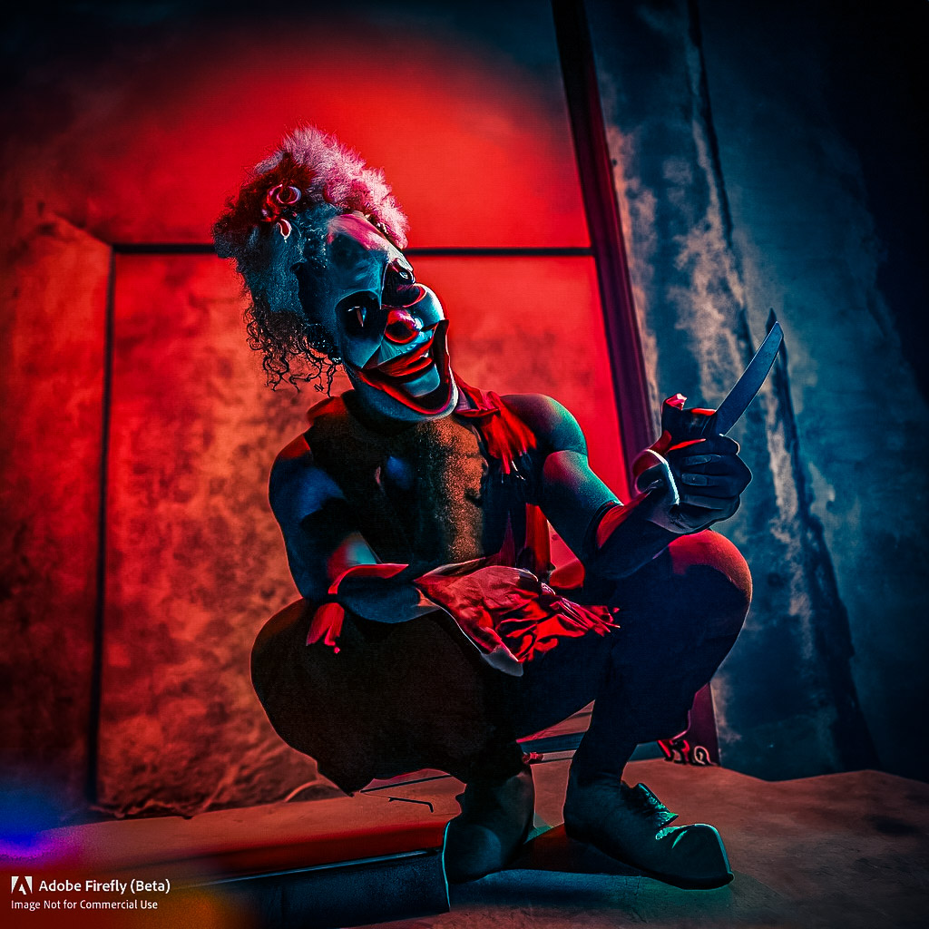Firefly_Full+body Clown sitting in a dark tomb red backlight holding a knife creepy smile_photo_4037.jpg