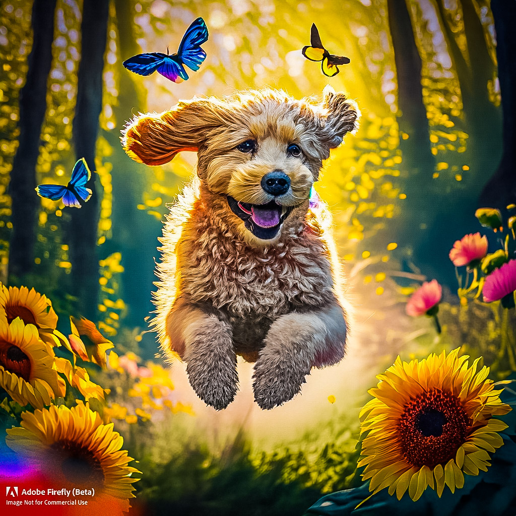 Firefly_Fluffy+blonde labradoodle jumping from joy through the forest with beautiful backlight and c.jpg