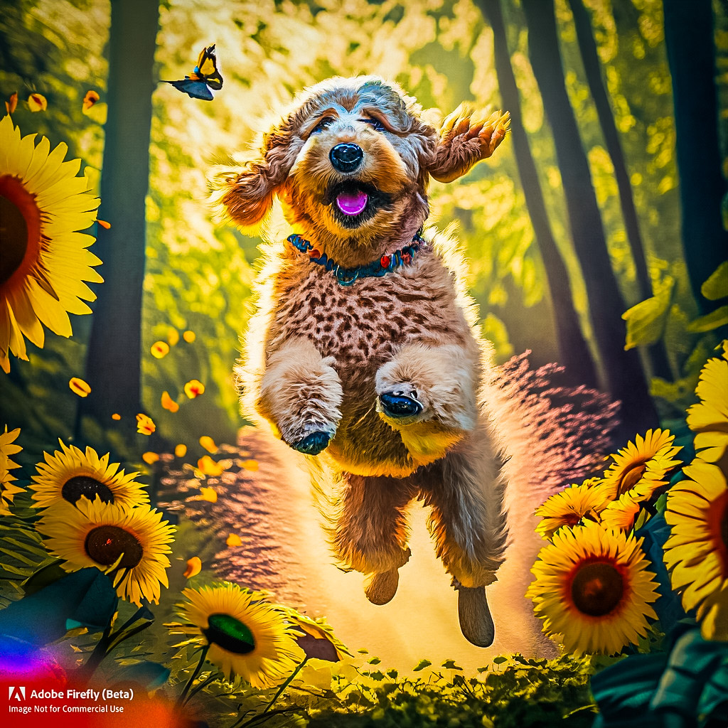 Firefly_Fluffy+blonde labradoodle jumping from joy through the forest with beautiful backlight and c 2.jpg
