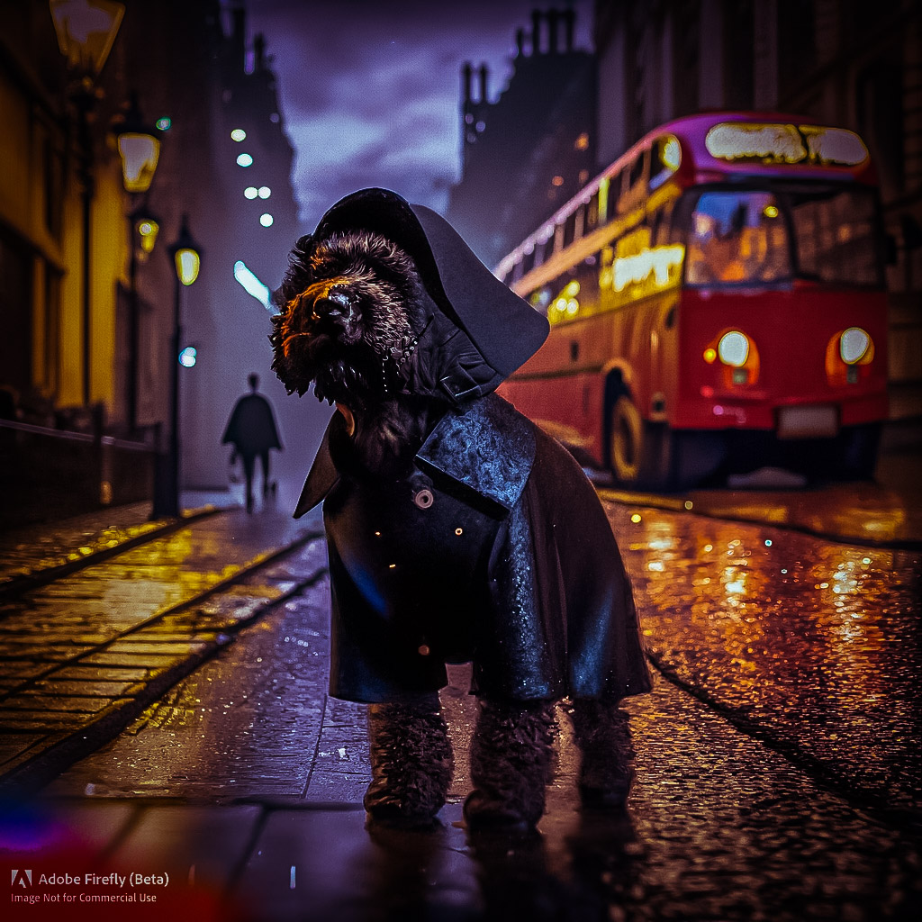 Firefly_Black+labradoodle dressed as Sherlock Holmes walking in London street with a buss in the bac.jpg